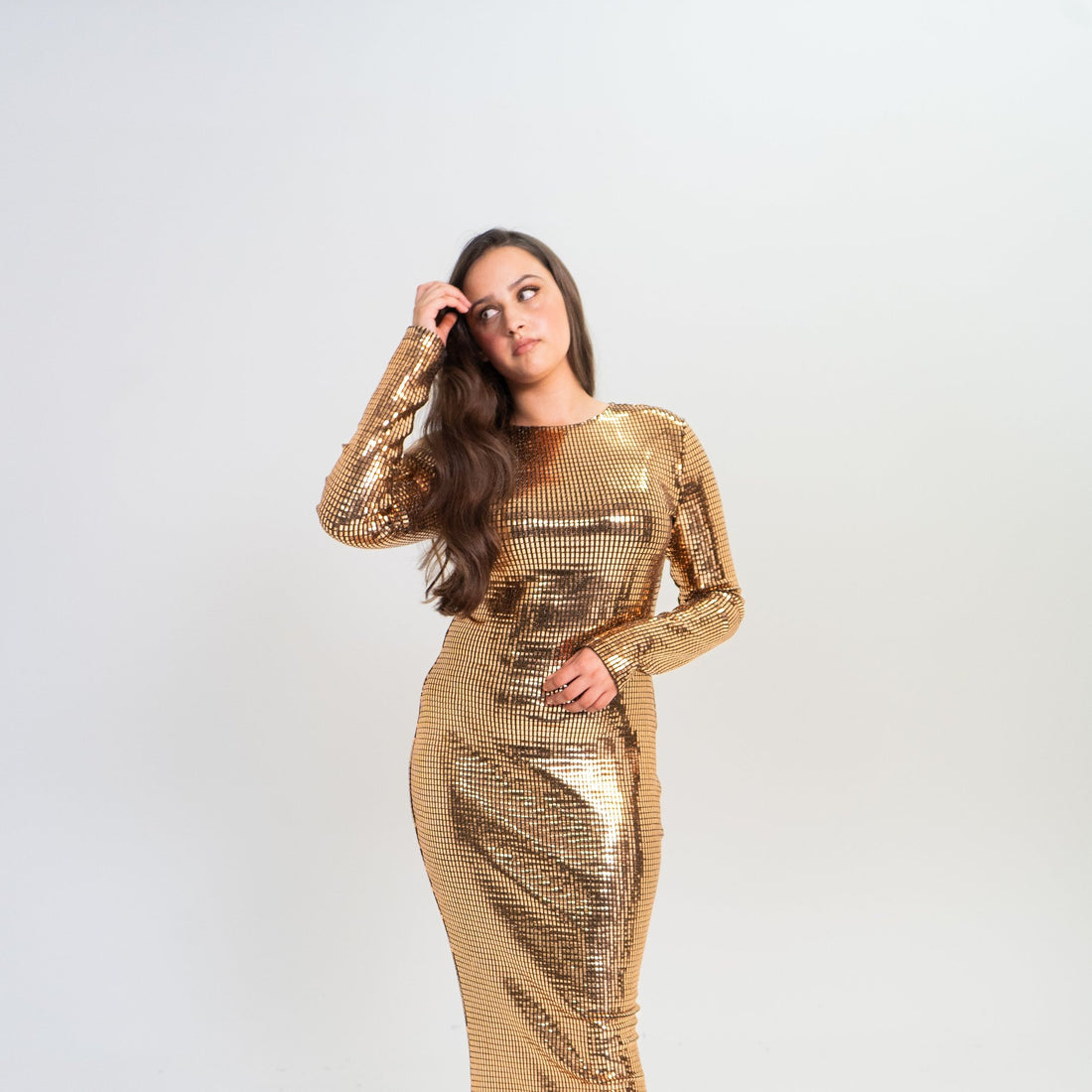 Long gold modest dress with sleeves