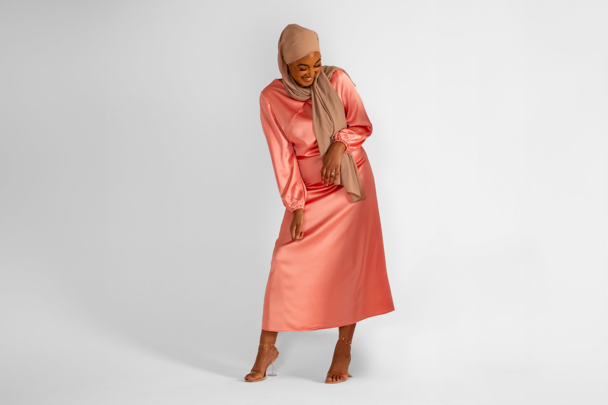 Coral Pink Satin Maxi Dress - Slip With Sleeves - RIA Line Ltd