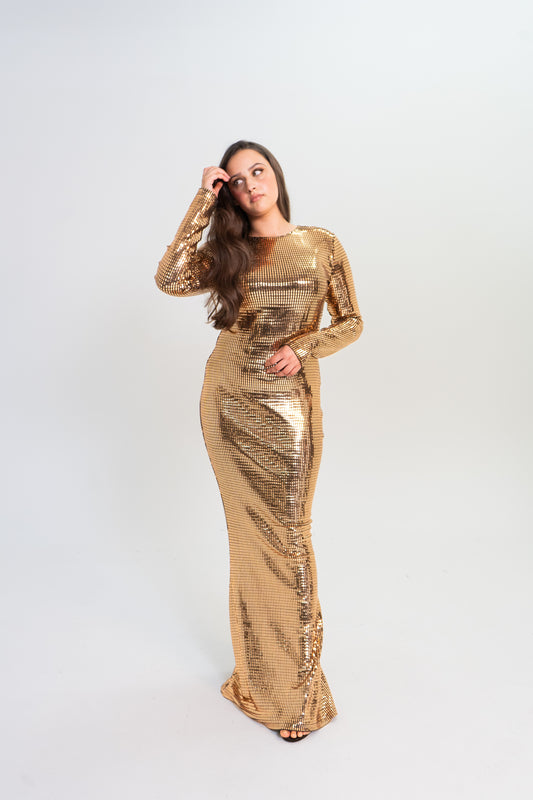 long gold metallic dress modest